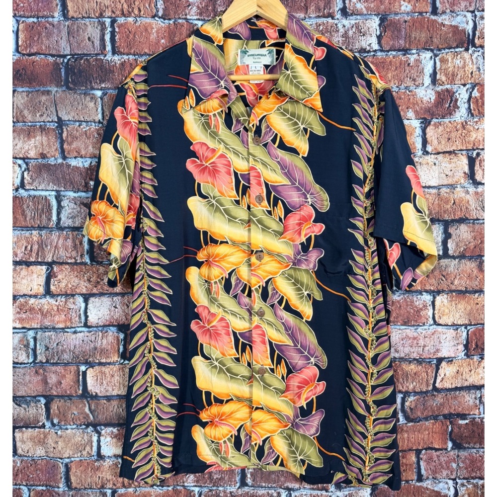 Kamehameha Hawaii Mens Tropical Floral Leaf Print Button Down Shirt Black Large